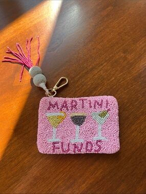 Beaded 'Martini Funds' Pink Cocktail Card Holder Keychain